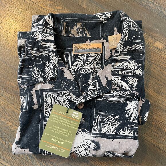 Bobby Chan Silk Hawaiian Shirt Men’s L Black Tan Palm Tree Aloha Friday - Picture 10 of 11